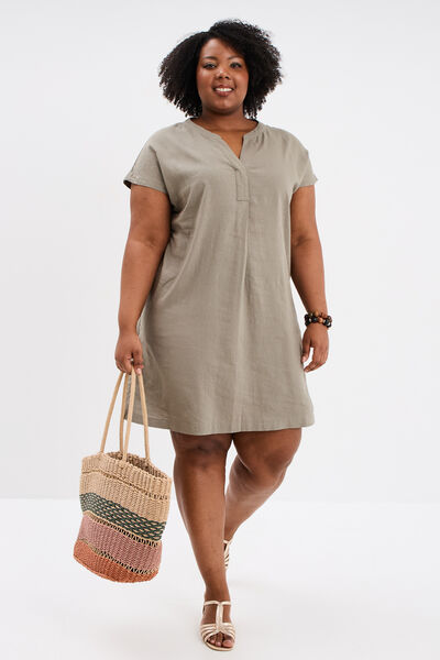 Robe droite genou col tunisien vert kaki femme grande taille