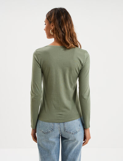 T-shirt coton col rond manches longues vert kaki femme