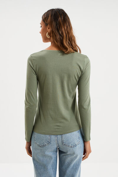 T-shirt coton col rond manches longues vert kaki femme
