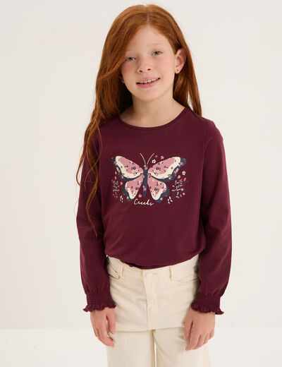 T-shirt smocké manches longues coton bordeaux fille