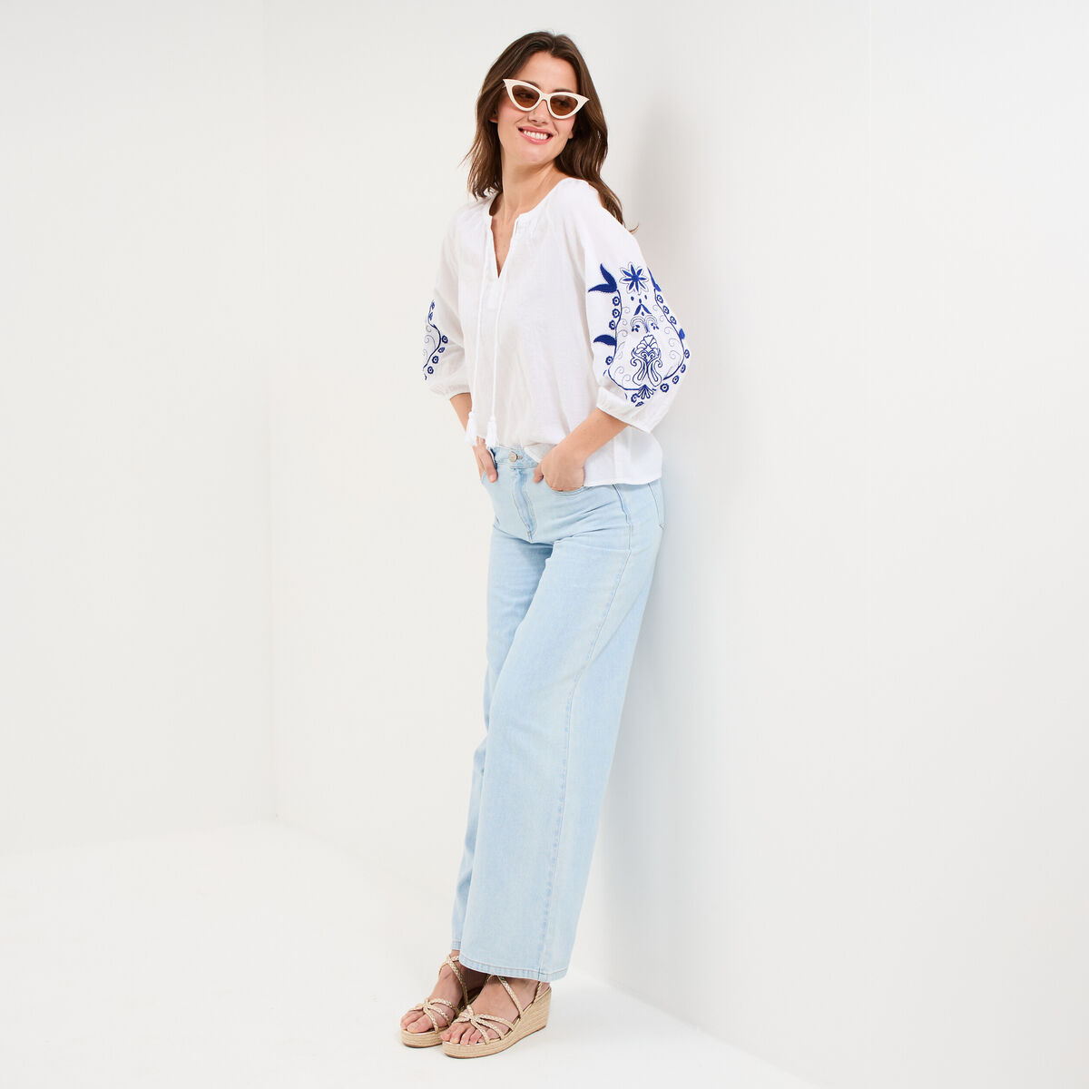 Blouse oversize manches brod&eacute;es coton blanc femme