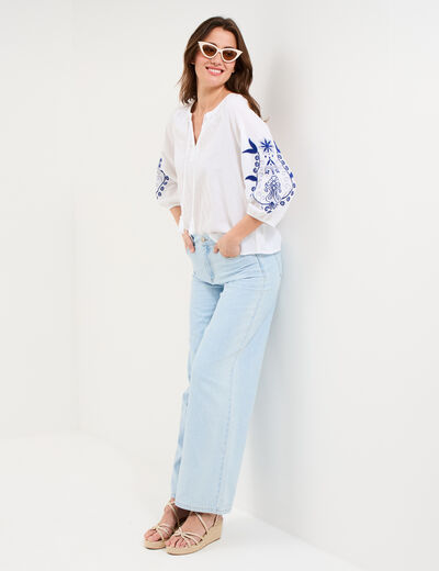 Blouse oversize manches brod&eacute;es coton blanc femme