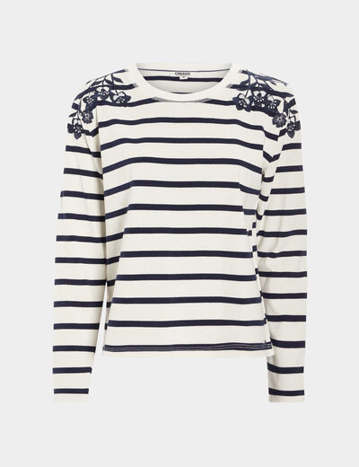 T-shirt manches longues avec broderie ivoire femme