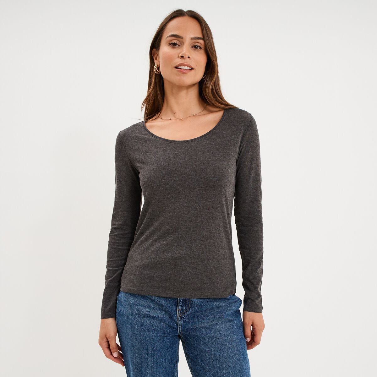 T-shirt &agrave; manches longues gris fonc&eacute; femme