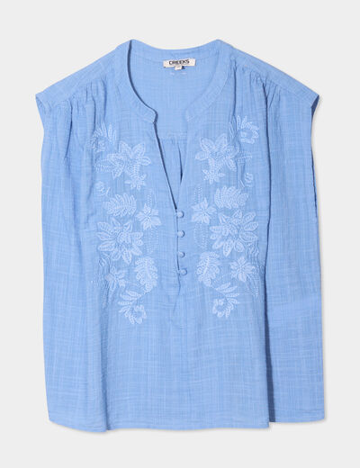 Blouse col tunisien sans manches coton bleu clair femme