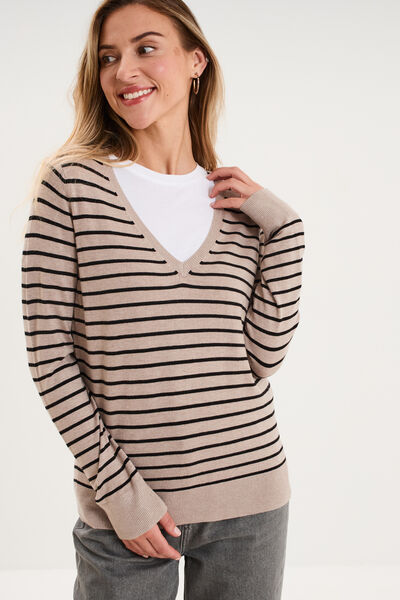 Pull col en V manches longues beige clair femme