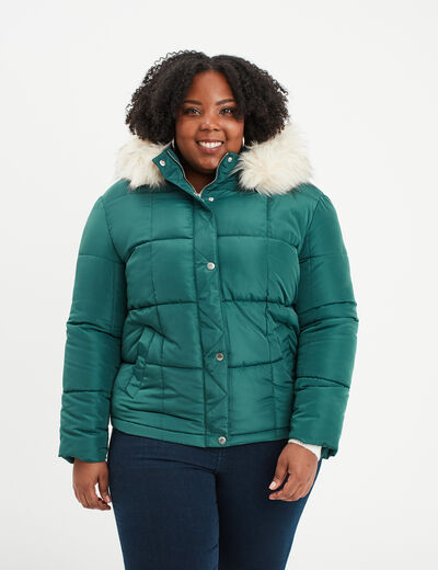 Doudoune à capuche fausse fourrure vert canard femme grande taille