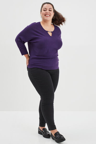 Pull manches chauve-souris détail bijou violet femme grande taille