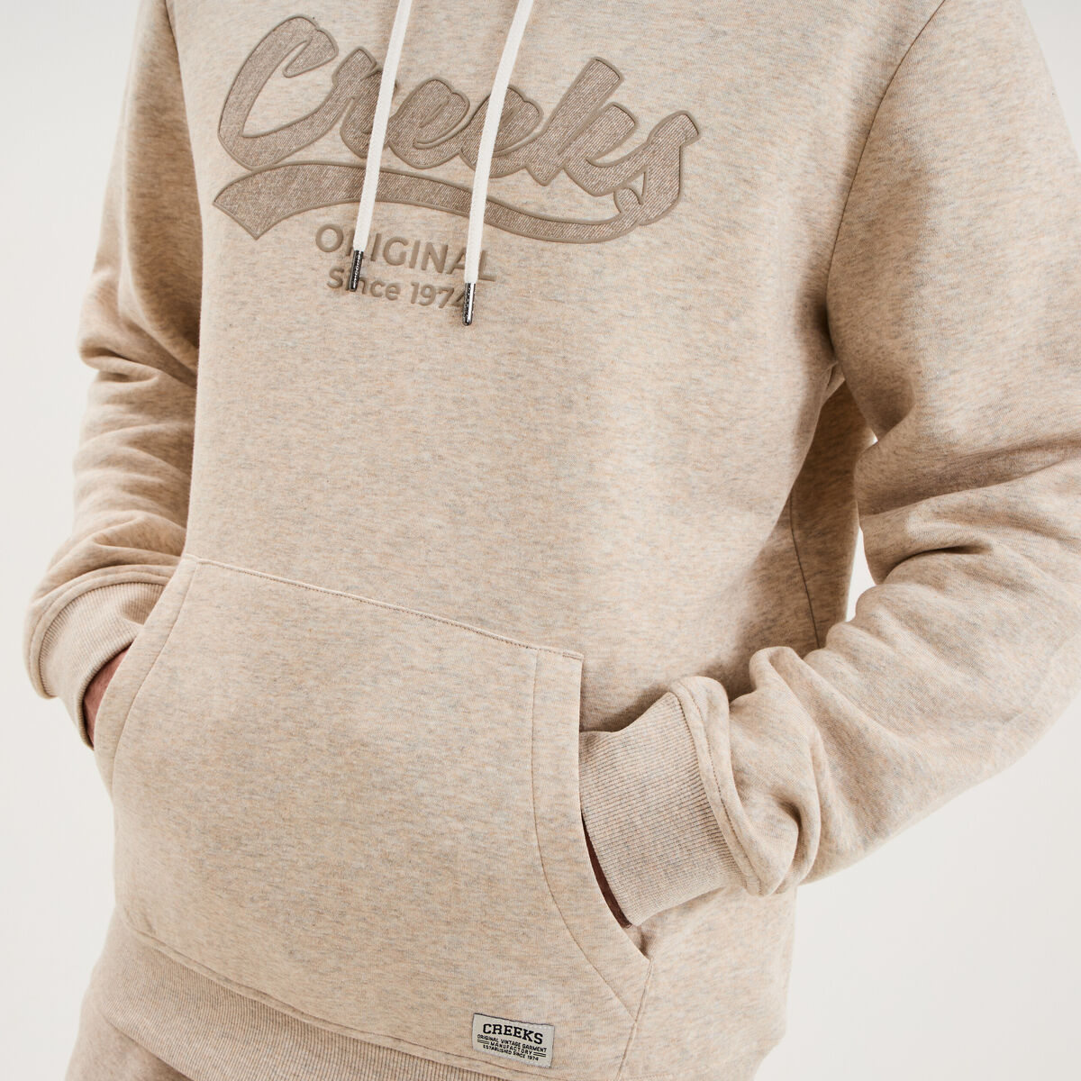 Sweat hoodie 1 poche manches longues beige homme