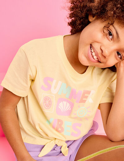 T-shirt nou&eacute; manches courtes coton jaune clair fille