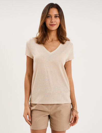 T-shirt col en V manches courtes beige femme