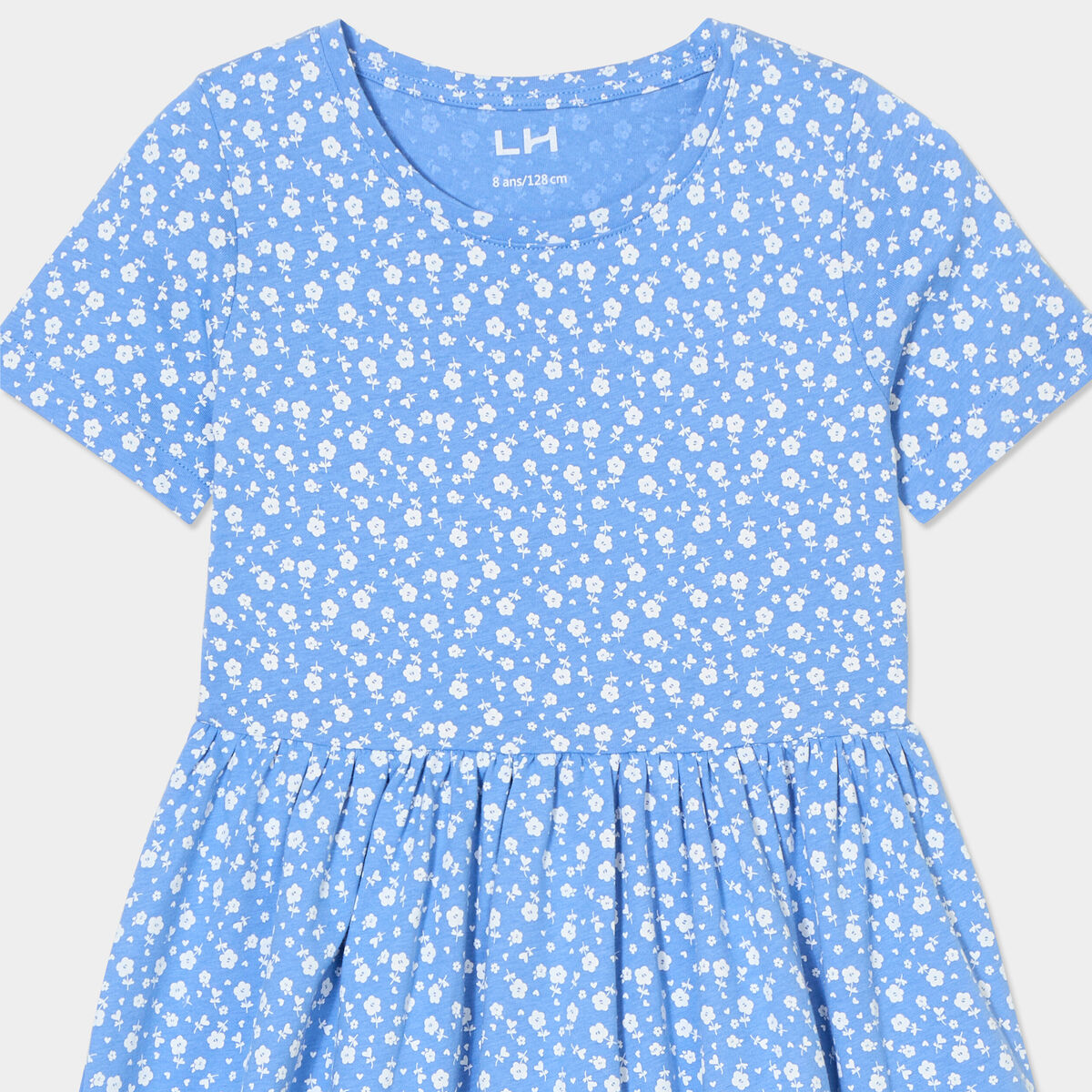 Robe courte &eacute;vas&eacute;e manches courtes coton bleu fille