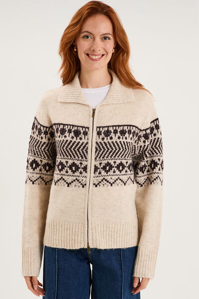 Gilet droit col &agrave; revers zipp&eacute; beige femme