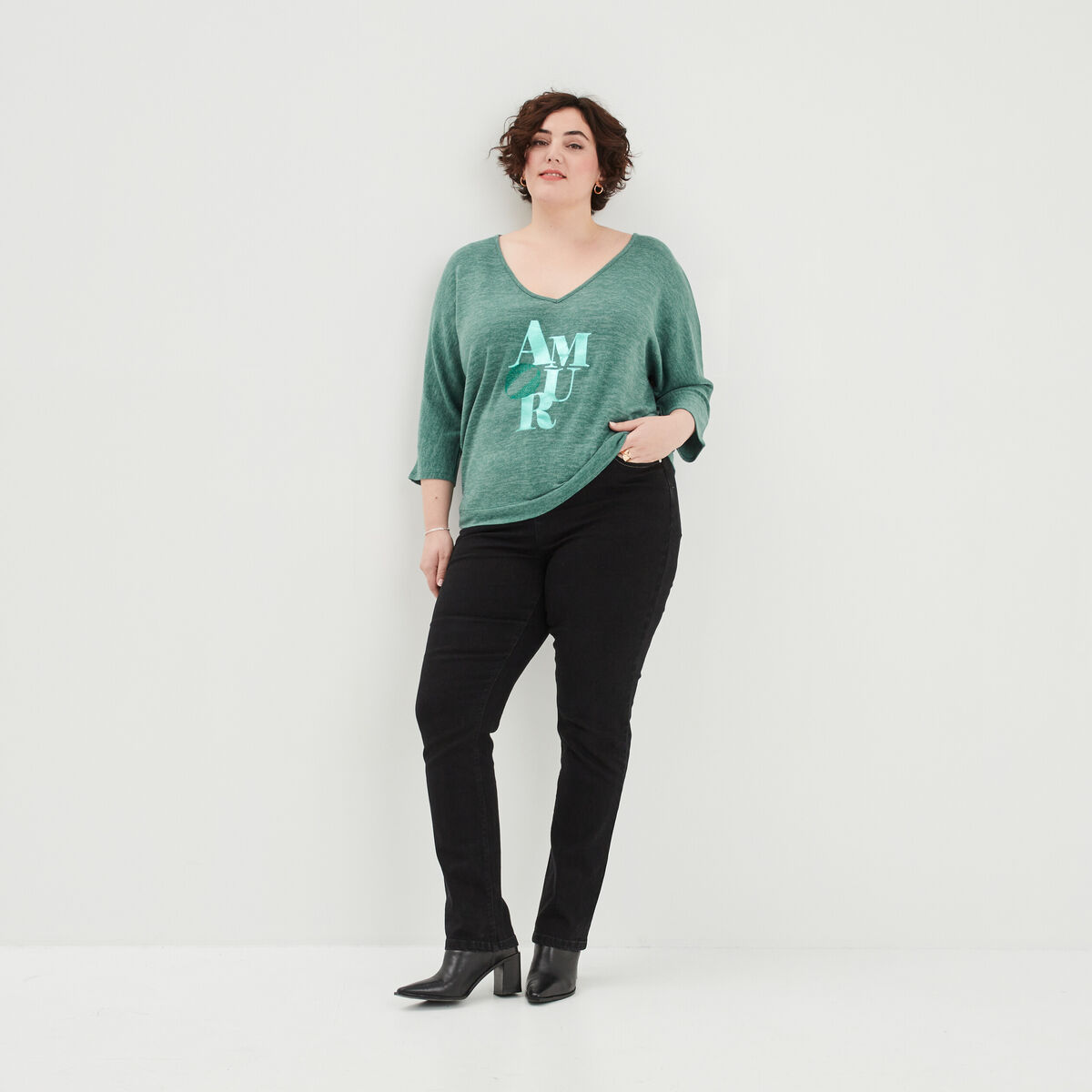 Jeans regular taille haute denim noir femme grande taille