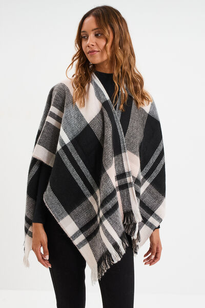 Poncho &agrave; franges mi-long noir femme