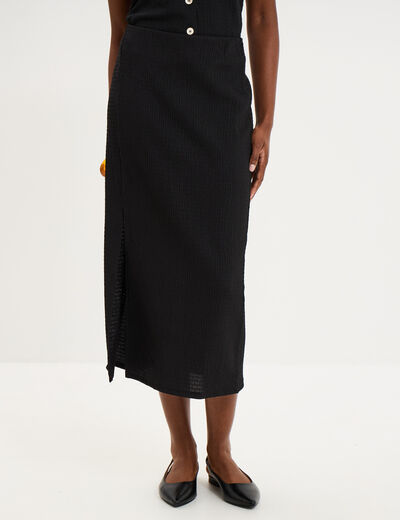 Jupe longue gaufr&eacute;e fluide noir femme