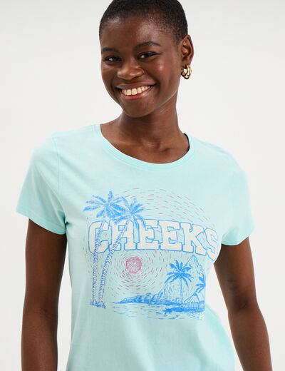 T-shirt manches courtes col rond coton bleu turquoise femme