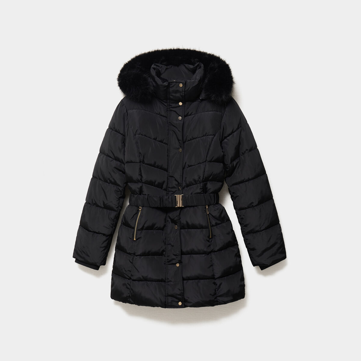 Doudoune mi-longue ceintur&eacute;e &agrave; capuche noir femme