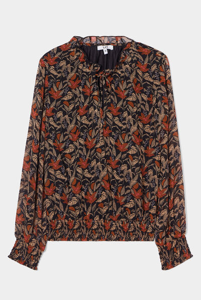 Blouse manches longues col montant camel femme