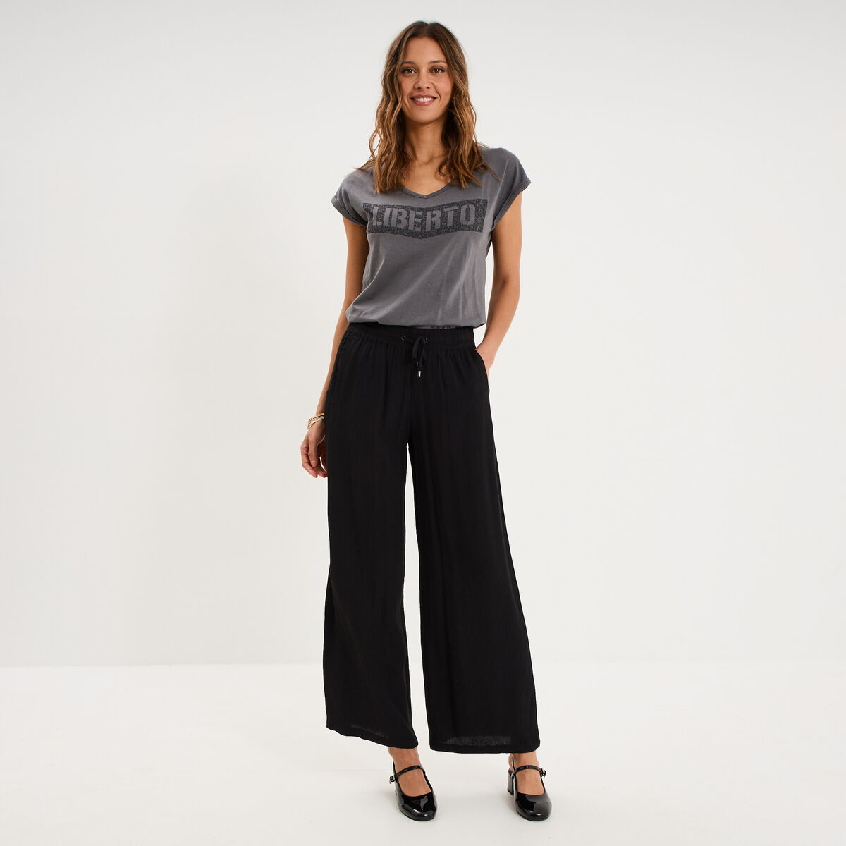Pantalon effet cr&ecirc;pe taille &eacute;lastiqu&eacute;e noir femme
