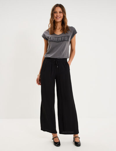 Pantalon effet cr&ecirc;pe taille &eacute;lastiqu&eacute;e noir femme