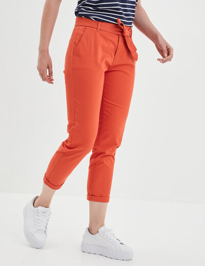 Pantalon chino ceinturé 7/8ème orange foncé femme