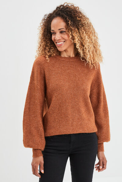 Pull col rond manches ballons camel femme