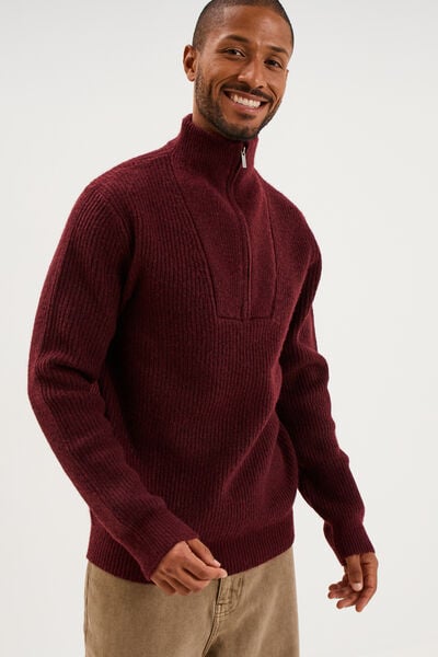 Pull avec col camionneur c&ocirc;tel&eacute; prune homme