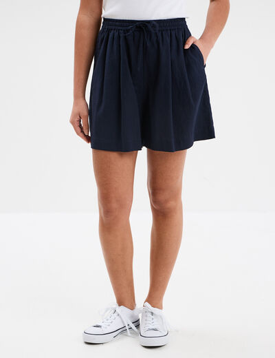 Short large lin mélangé à coulisse bleu foncé femme