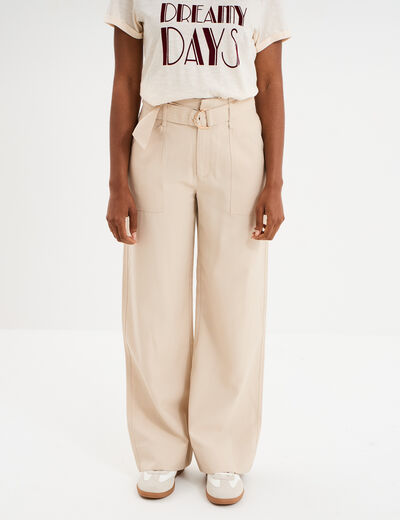 Pantalon large avec ceinture beige femme