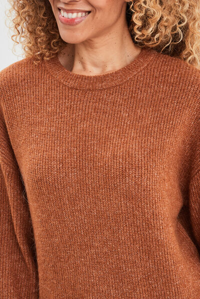Pull col rond manches ballons camel femme