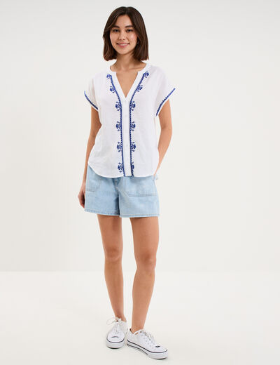 Blouse brod&eacute;e manches courtes blanc femme