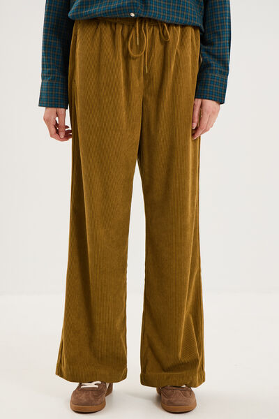 Pantalon large effet velours c&ocirc;tel&eacute; vert kaki femme