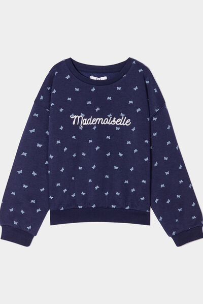Sweat col rond manches longues bleu marine fille