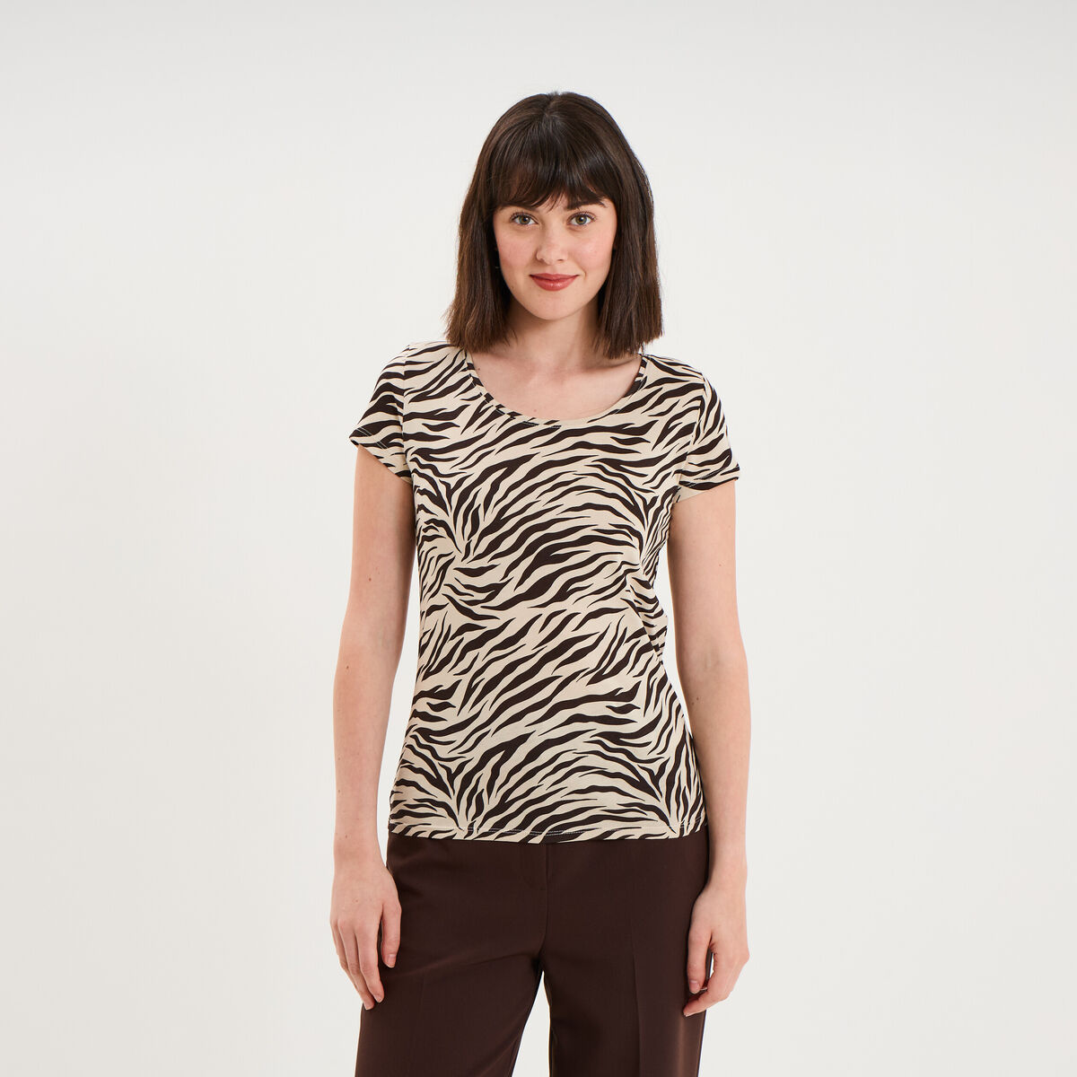 T-shirt coton imprim&eacute; coupe ajust&eacute;e beige clair femme