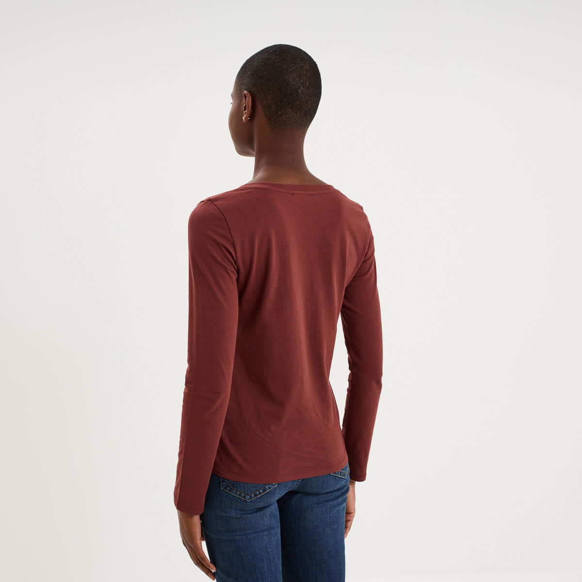 T-shirt col en V manches longues coton bordeaux femme