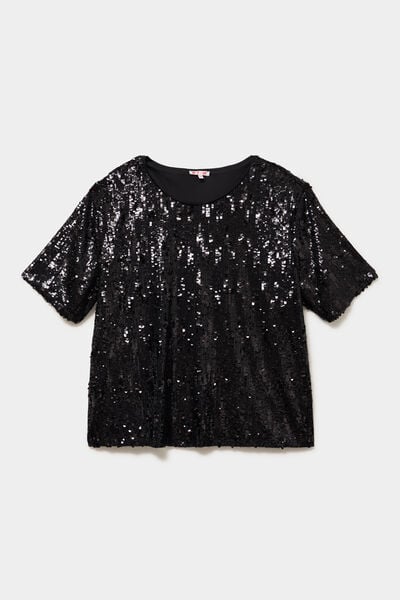 T-shirt sequins manches courtes loose noir femme grande taille