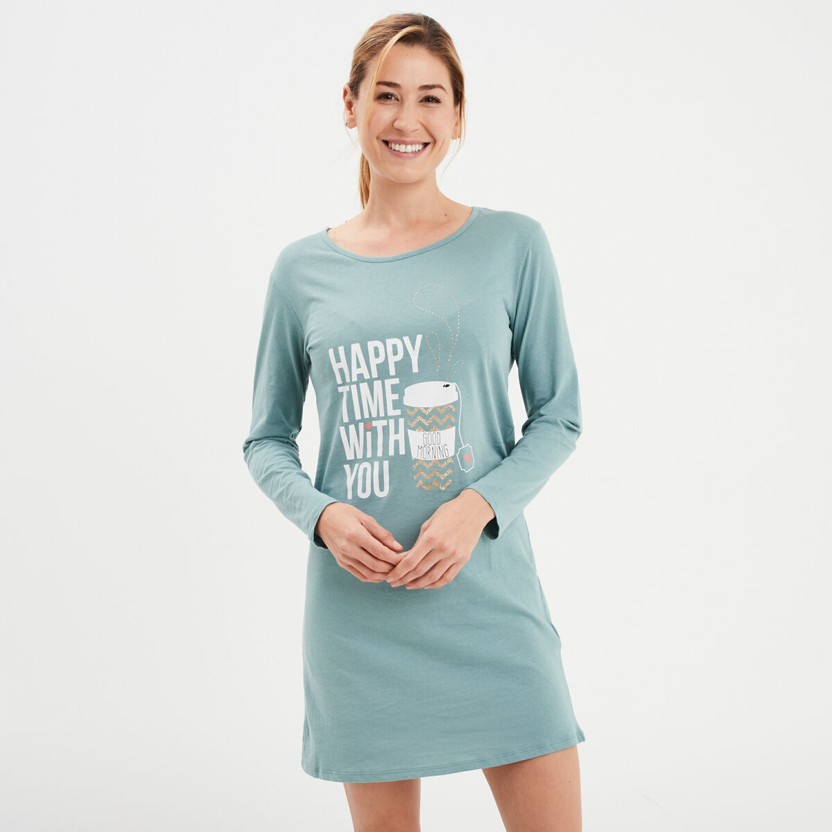 Chemise de nuit manches longues coton bleu gris femme