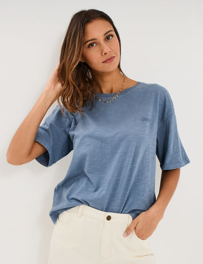 T-shirt col rond manches courtes coton bleu fonc&eacute; femme