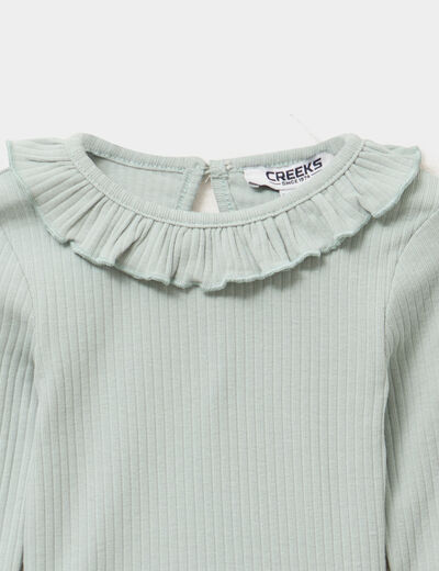 T-shirt côtelé col à volants vert pastel bébé fille