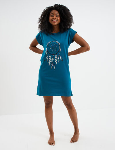 Chemise de nuit courte col rond bleu canard femme