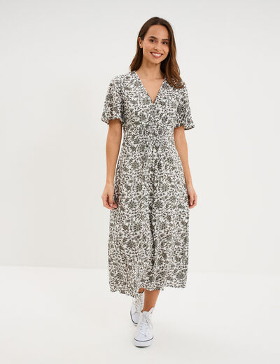 Robe longue empire taille smock&eacute;e ecru femme