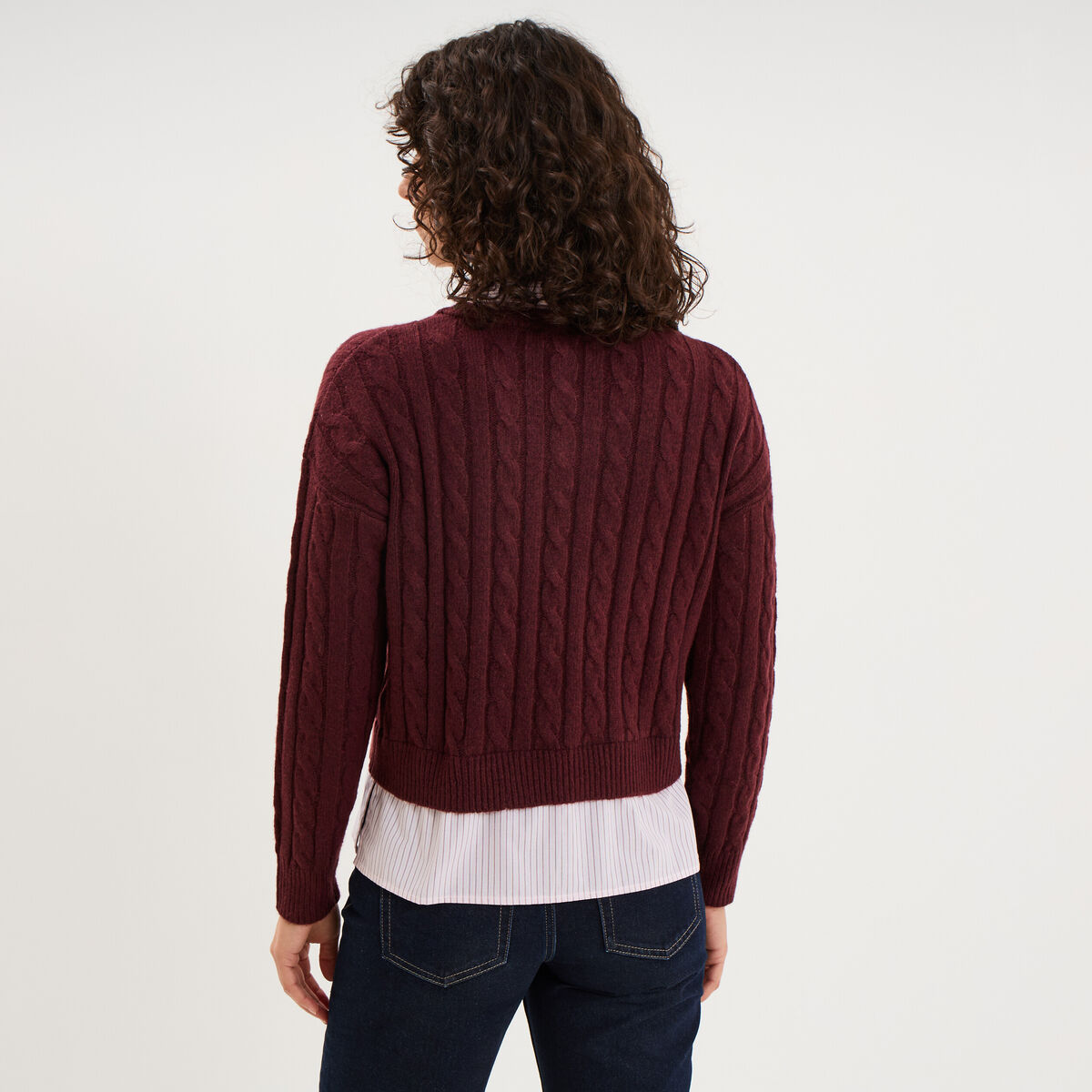 Pull torsades effet 2-en-1 chemise violet fonc&eacute; femme