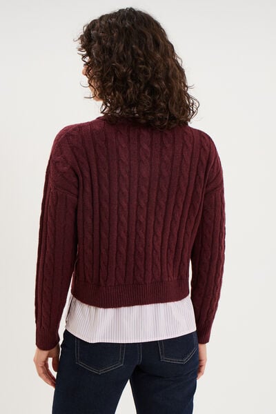 Pull torsades effet 2-en-1 chemise violet fonc&eacute; femme