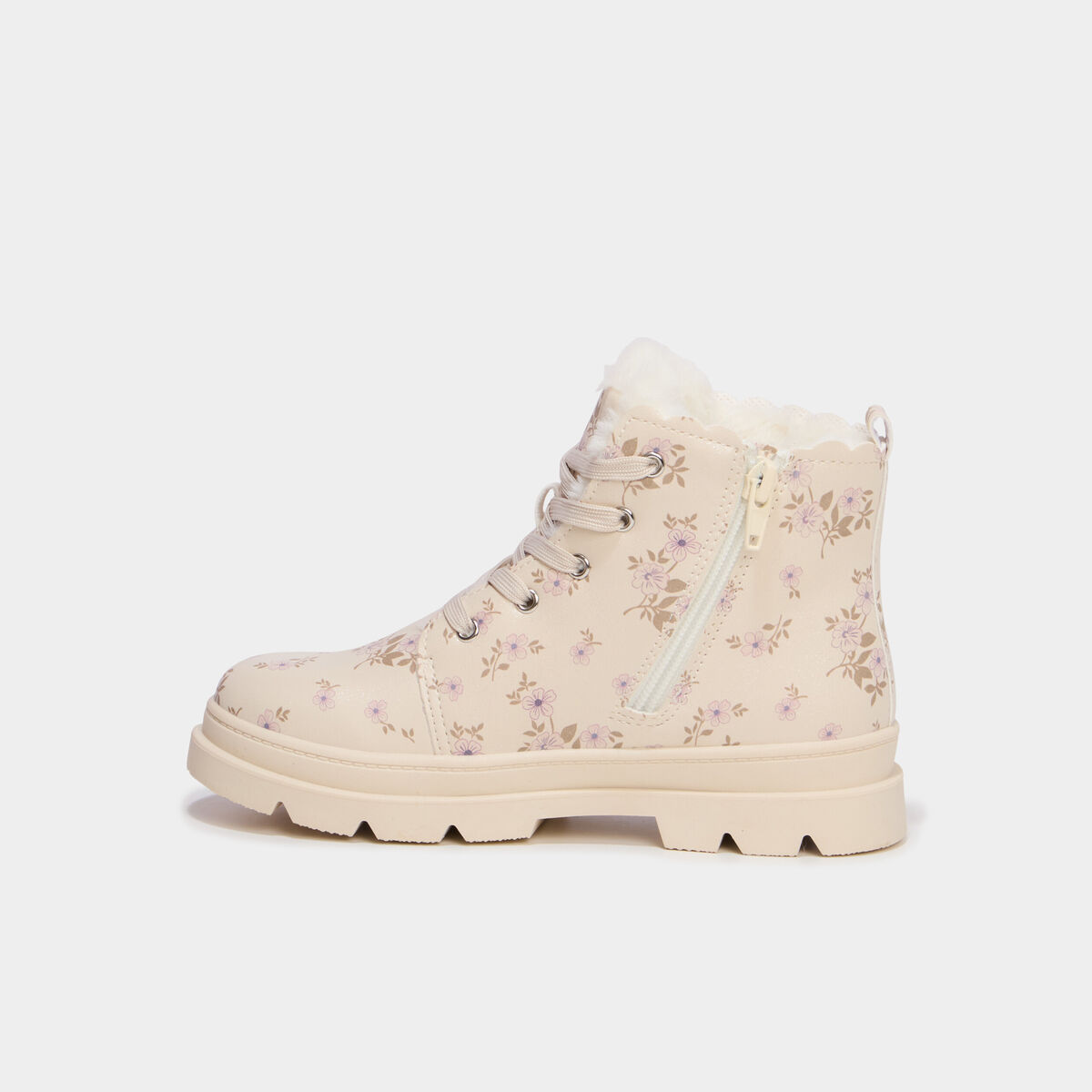 Boots fourr&eacute;es et crant&eacute;es &agrave; lacets creme fille