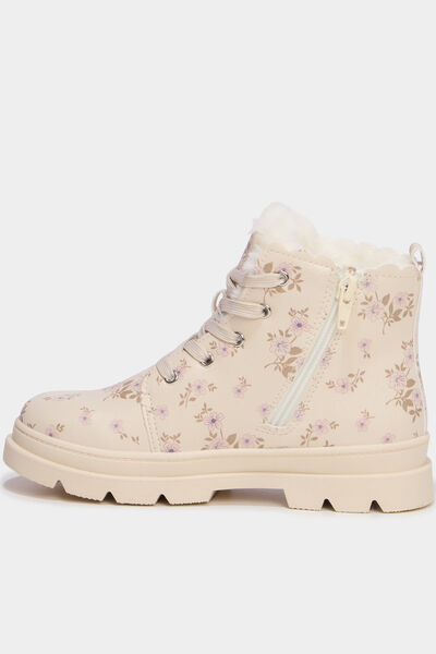 Boots fourr&eacute;es et crant&eacute;es &agrave; lacets creme fille