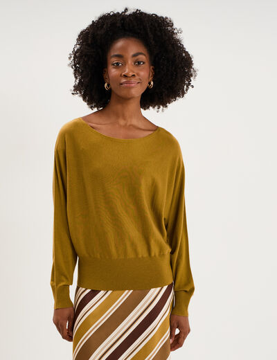 Pull encolure bateau manches longues vert olive femme