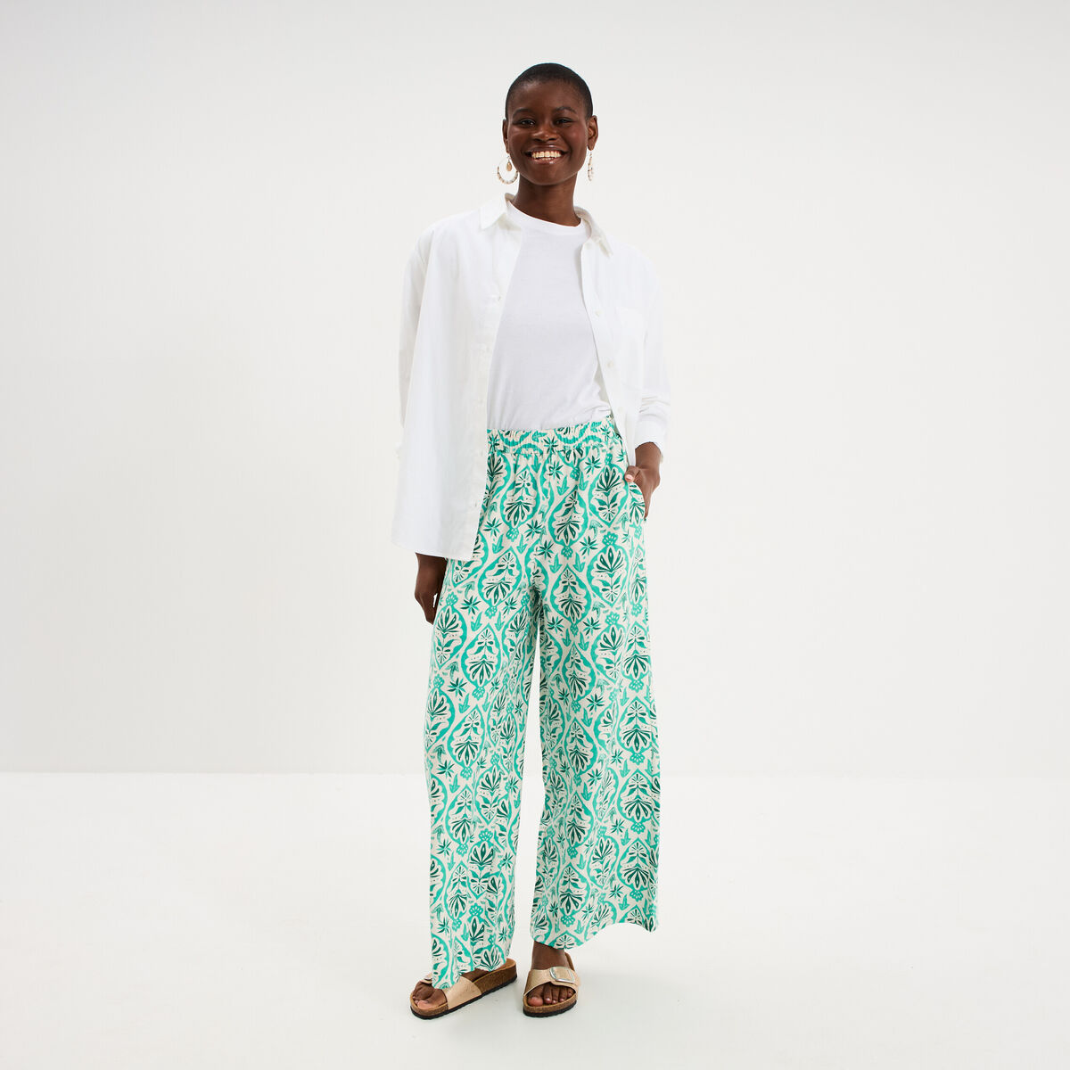 Pantalon large fluide taille &eacute;lastiqu&eacute;e ecru femme