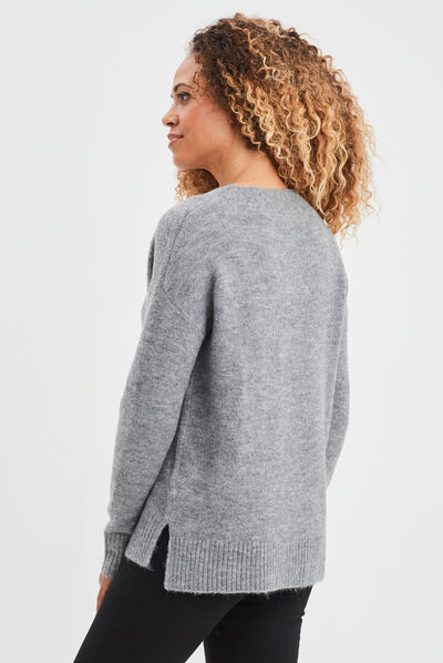 Pull col en V fentes aux côtés gris clair femme