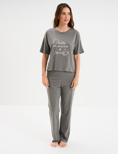 Ensemble pyjama pantalon et t-shirt vert kaki femme